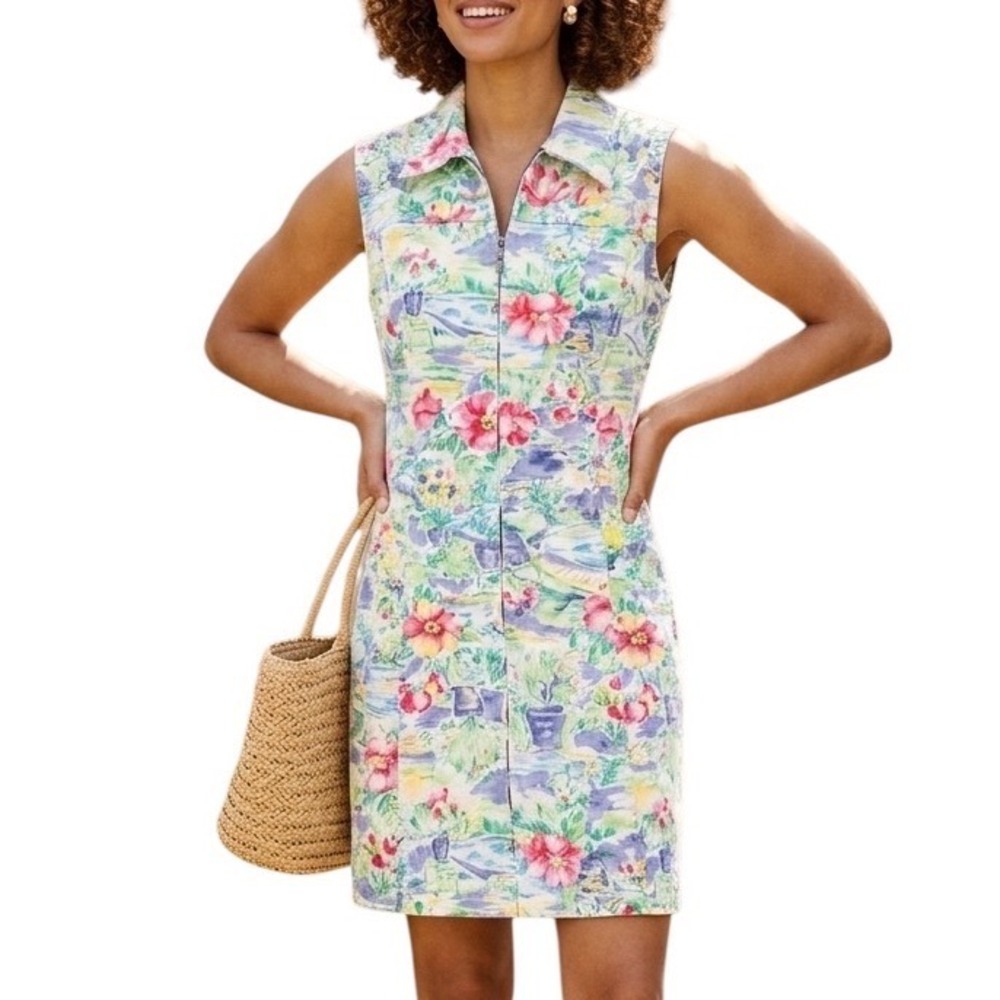 Match Vintage 90s Floral Garden Print Sleeveless Zip Front Mini Dress Size 9/10‎